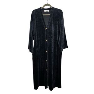 Vassarette Monika Tilley‎ Black Navy Velvet Long Robe Button Front Star Buttons